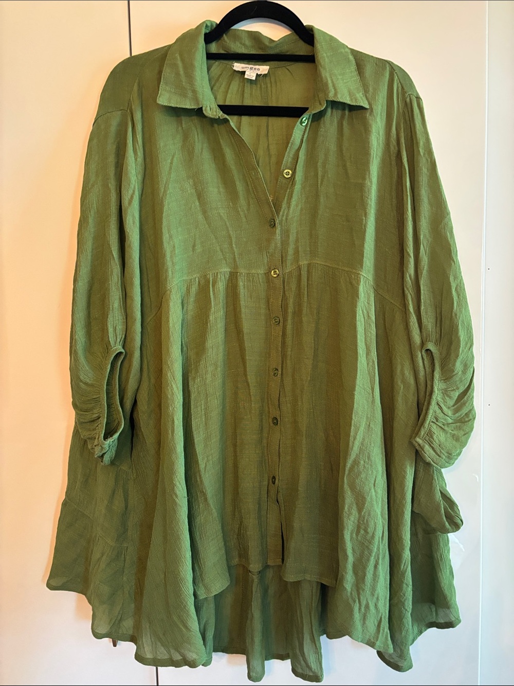 Lightweight Olive Green Button-Front Women's Tunic Top or short dress/Coverup.
